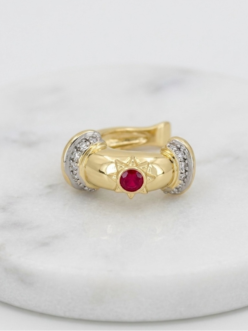 Red Ruby Center Stone with Starburst & CZ  Accents Ear Cuff | 14K Gold Plated